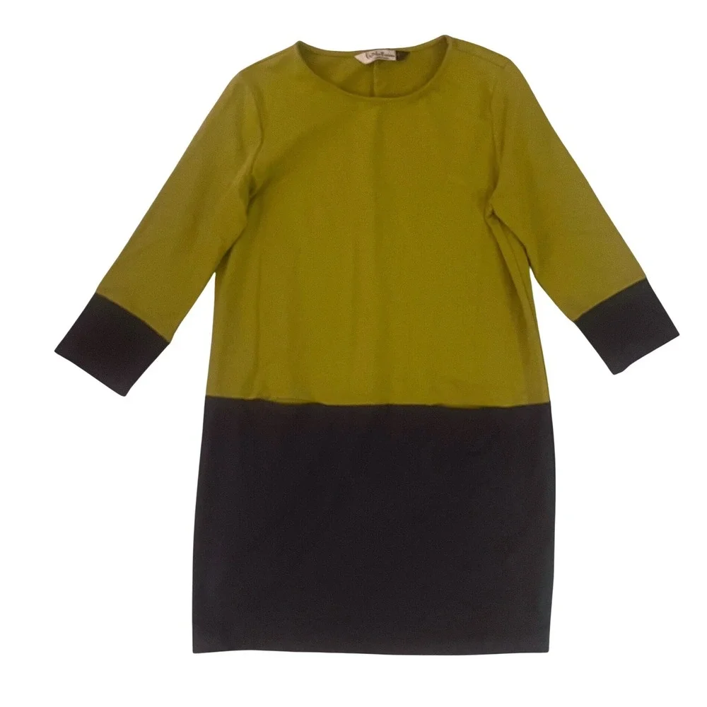 Chalet et Ceci Women's Colorblock‎ Crew Neck Dress Olive Lagenlook- Size S